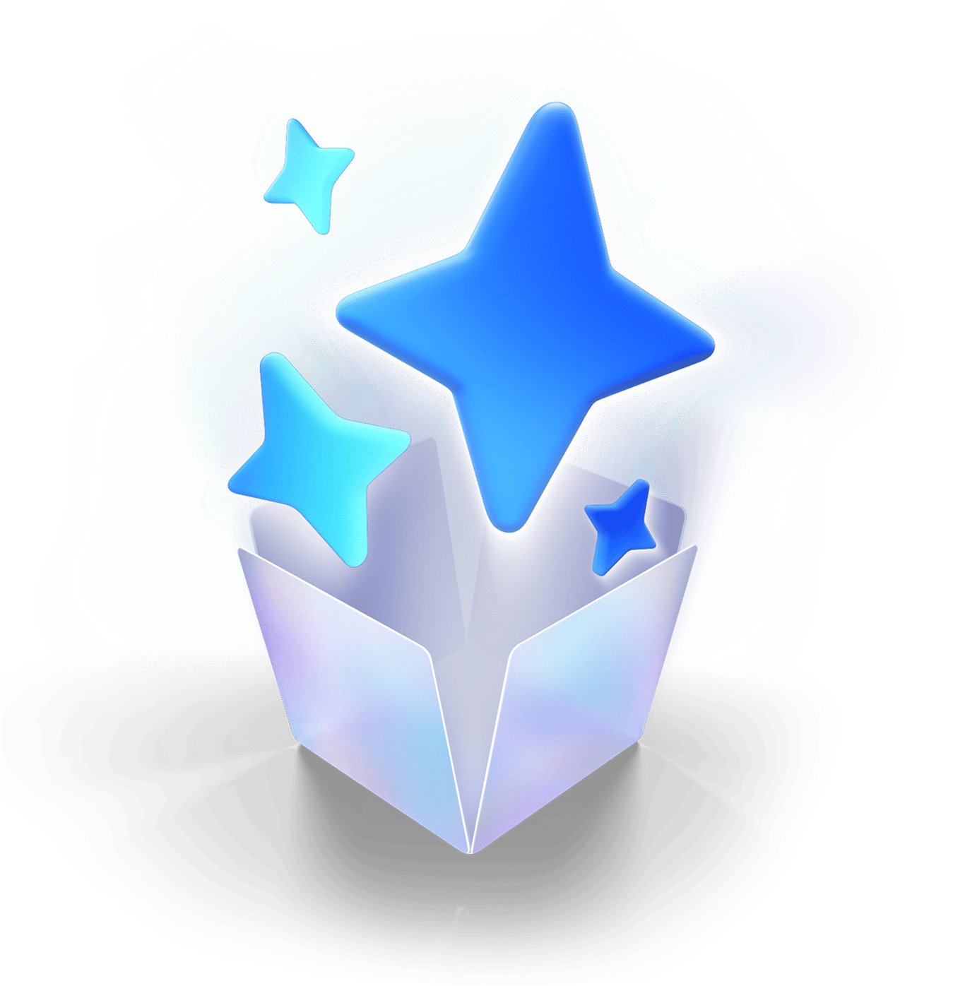 Glowing blue stars emerge from an open white box, symbolizing rewards, achievements, or a special surprise.