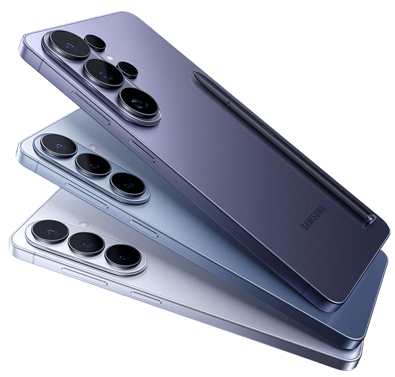 Three stacked Samsung Galaxy S23 Ultra phones, showing cameras and S Pen in various colors.