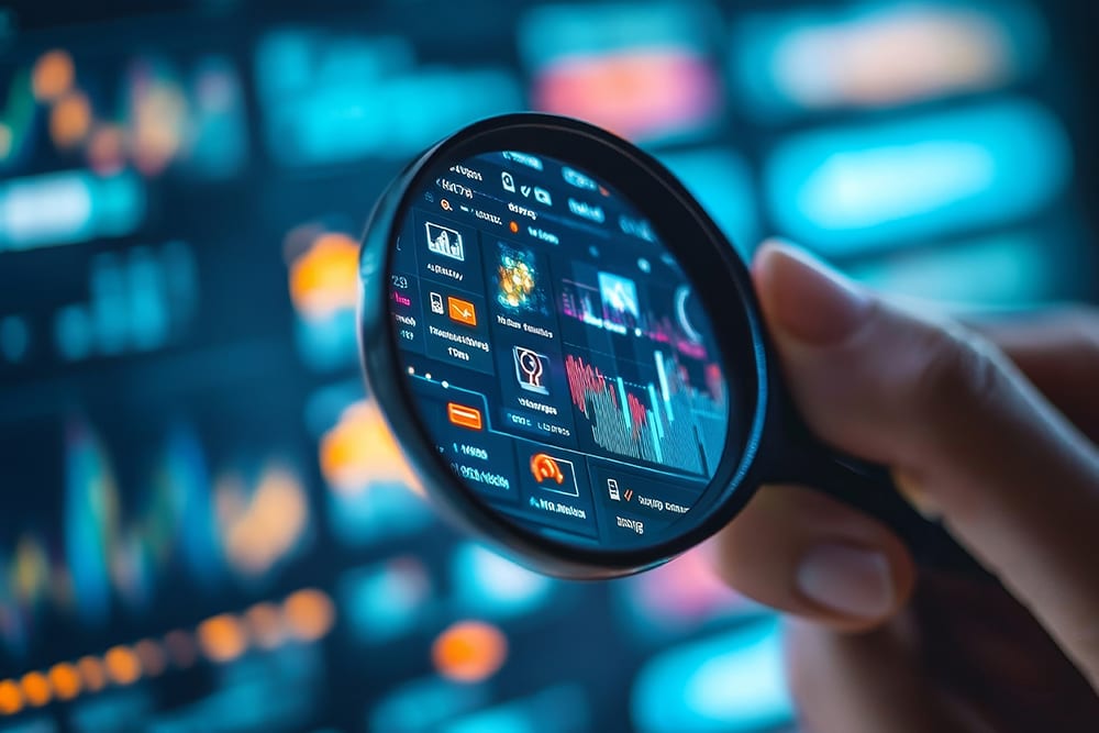 Hand holding magnifying glass over a digital screen with data charts.