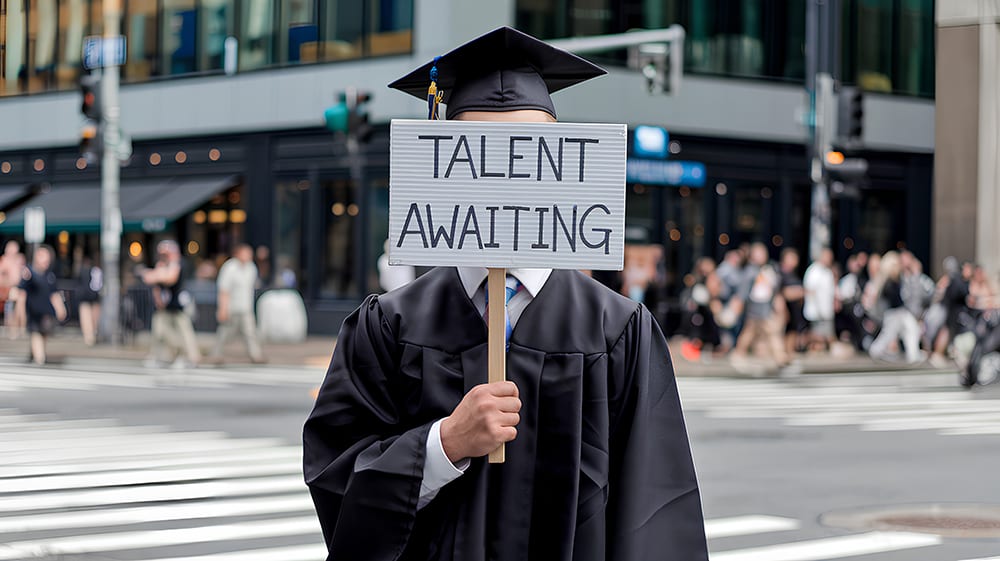 Graduate in cap & gown holds 'TALENT AWAITING' sign over face on a city street.
