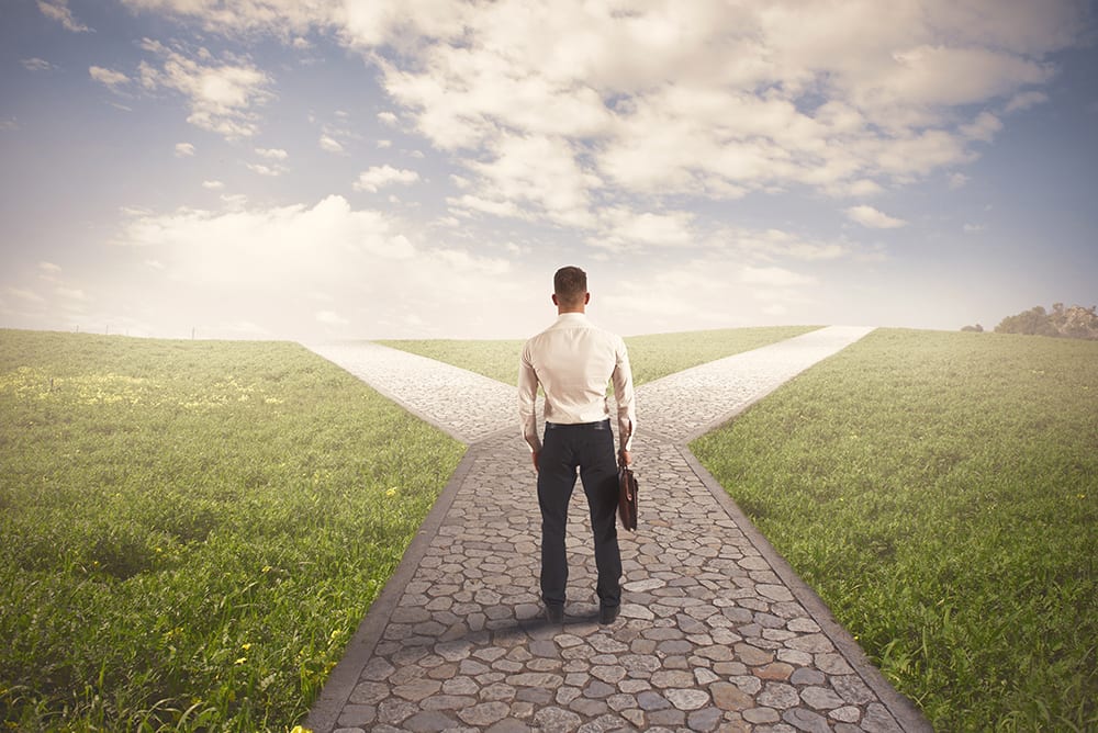 Man from behind at a paved fork in the road, two paths diverging through a grassy field.