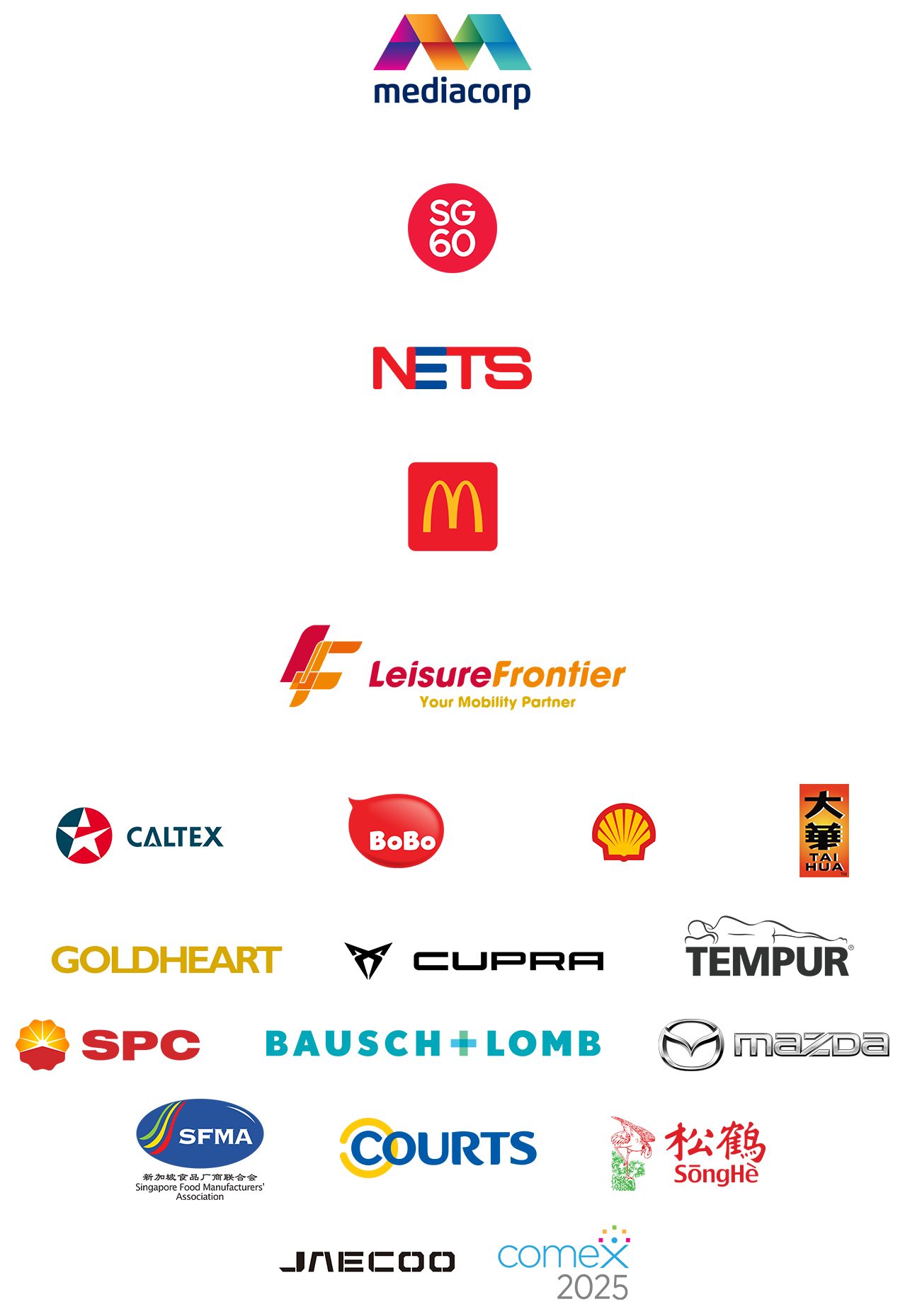 Collection of company logos including Mediacorp, McDonald's, Shell, and other brands.