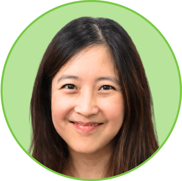 Smiling Asian woman with long dark hair, headshot in a green circular frame.
