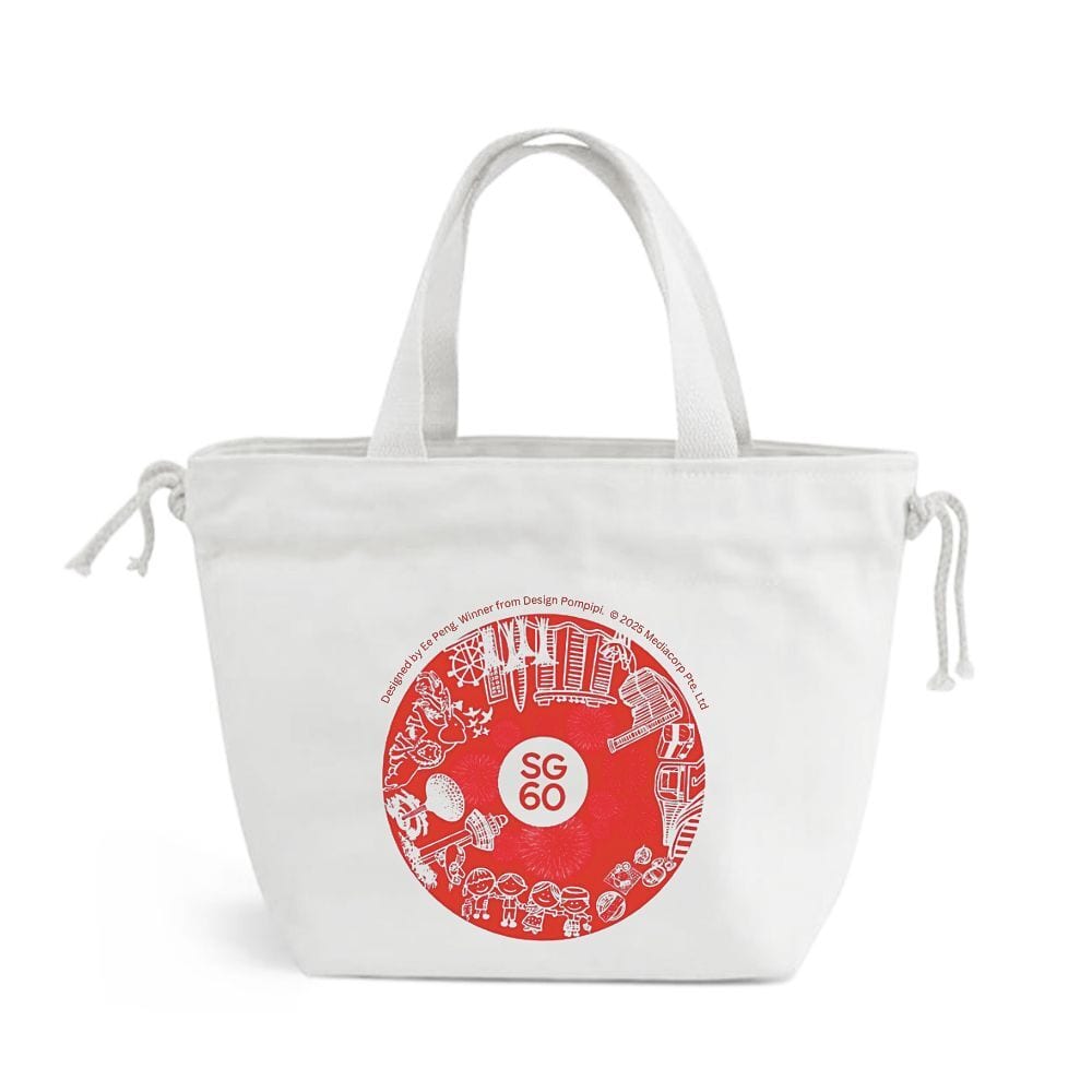 White tote bag with a red circular "SG 60" design.
