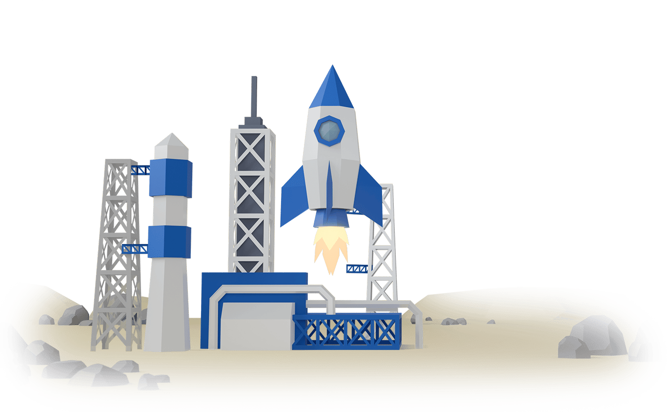 A low-poly blue and white rocket launching from a spaceport with support towers on sandy terrain.