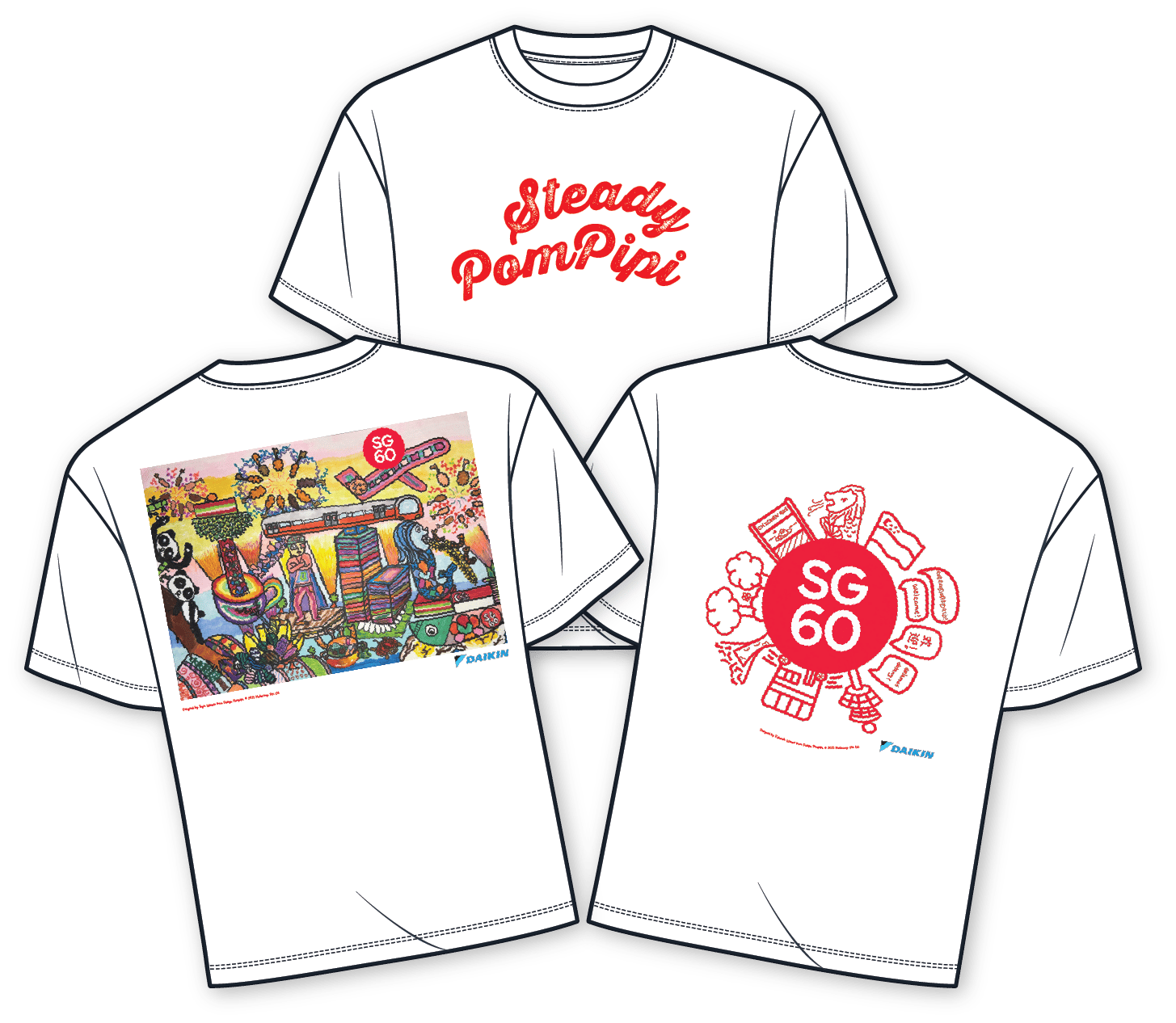 Three white t-shirts: one with "Steady Pom Pipi", one with colorful art, and one with a red "SG 60" logo.