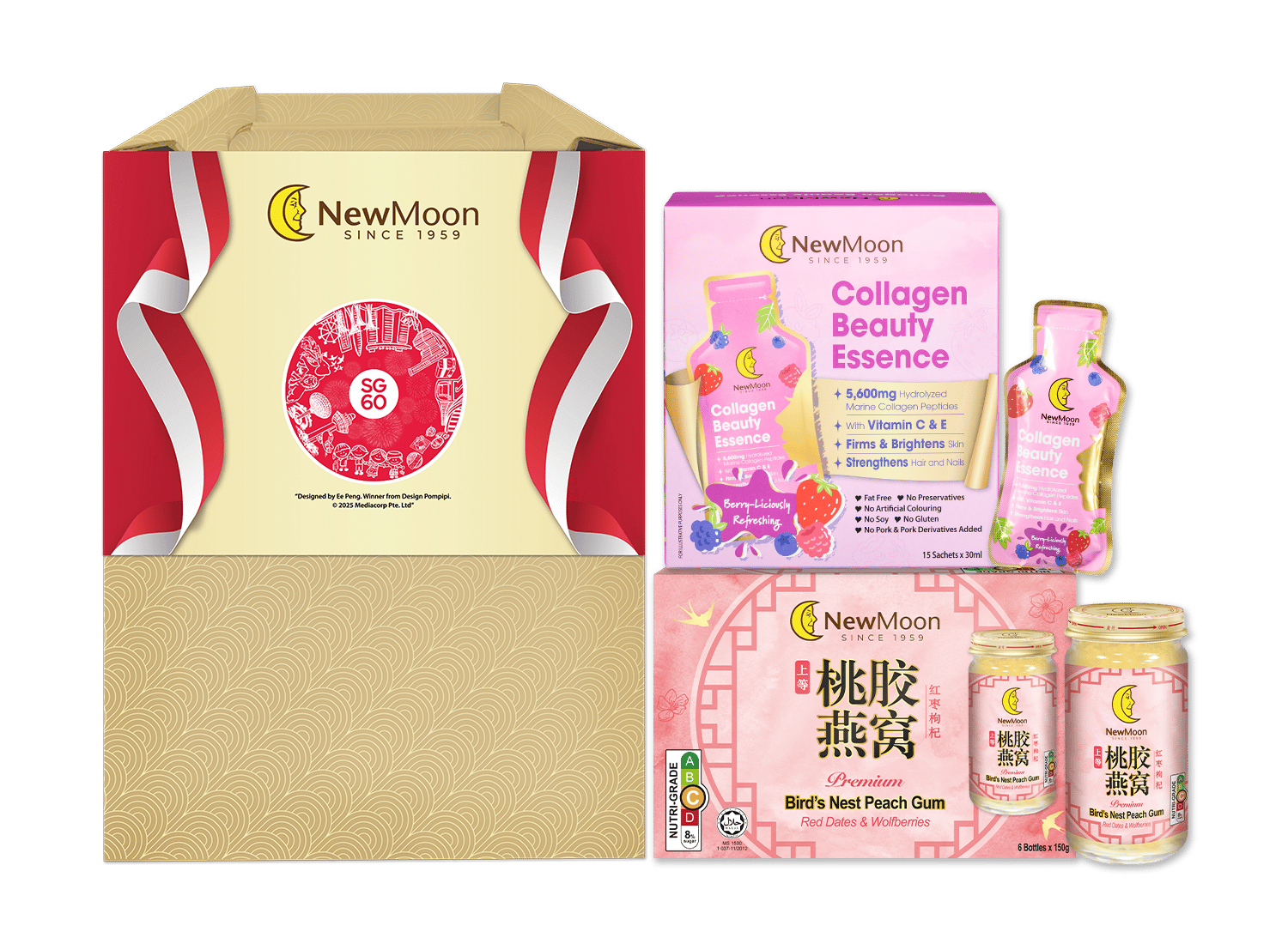 NewMoon health supplements: an SG60 gift box, Collagen Beauty Essence, and Bird's Nest Peach Gum.