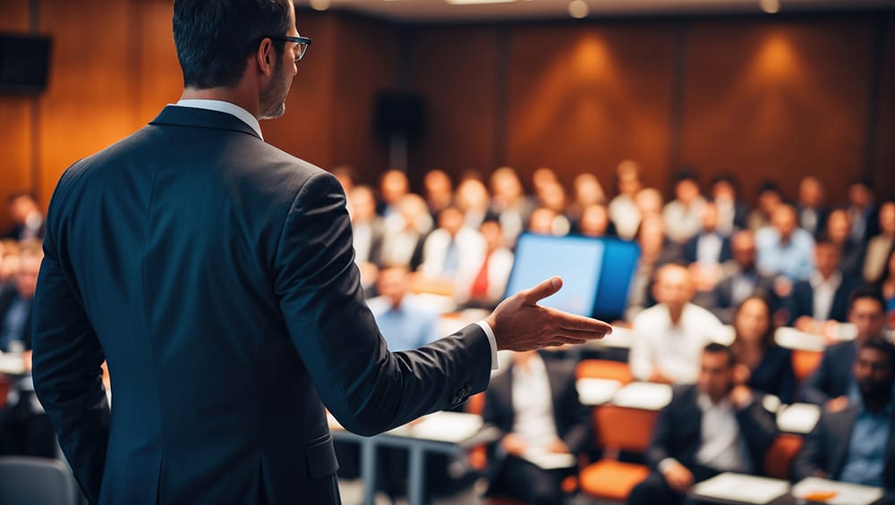 Rear view of a man in a suit speaking to a blurred audience in a conference room.