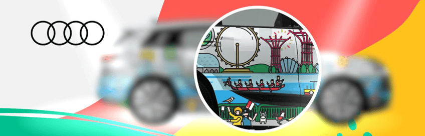 Audi logo, blurred car, circular inset: cartoon Singapore cityscape with Flyer, Supertrees, dragon boat race.