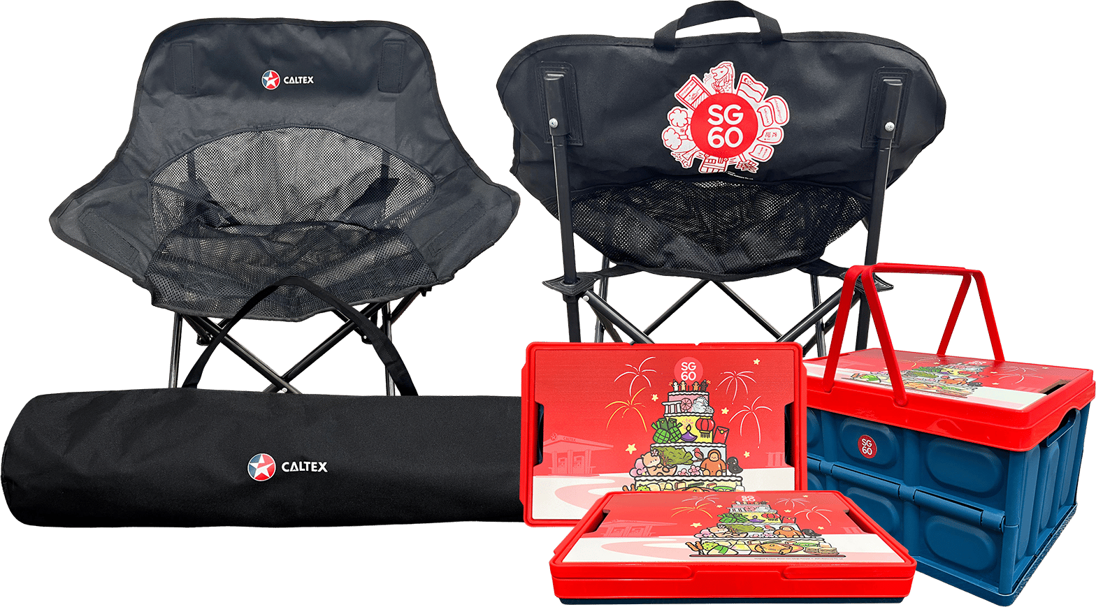 Picnic set: 2 folding chairs, carry bag, 2 red trays, blue basket with Caltex & SG 60 logos.