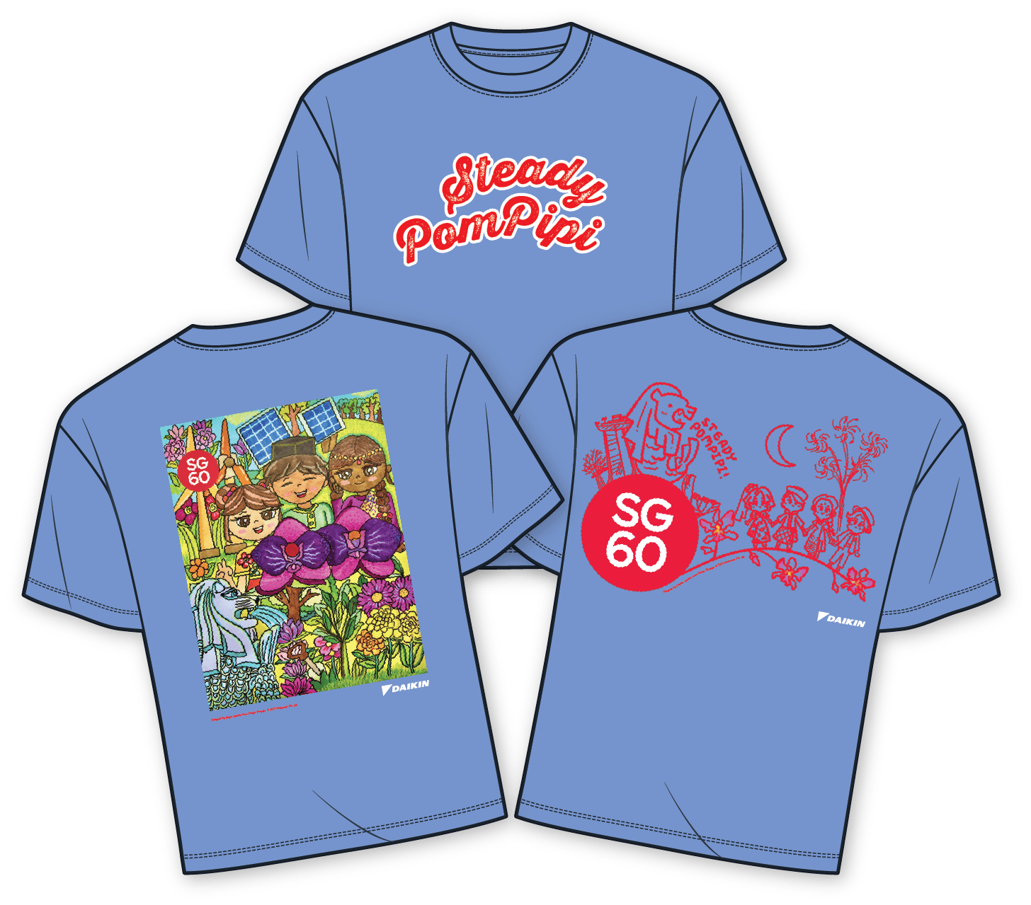 Three blue t-shirts with "Steady Pom Pipi" text and SG60 Singapore-themed designs.