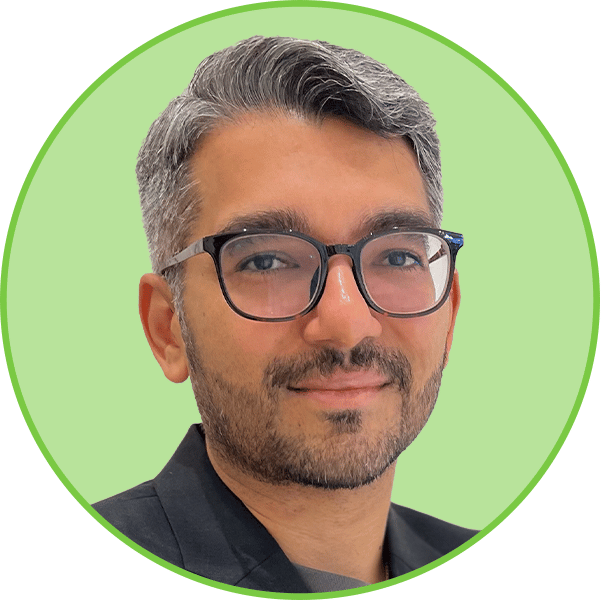 Headshot of a man with grey hair, glasses, and a beard smiling slightly against a light green background.