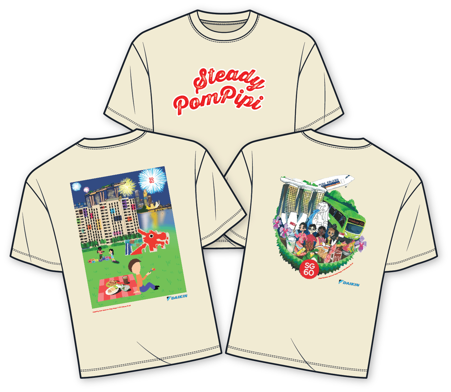 Three cream t-shirts: 'Steady Pom Pipi' slogan, and two designs featuring Singapore landmarks.