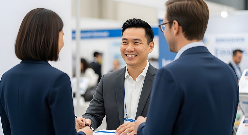 Smiling businessman engaging with two colleagues at a corporate event.
