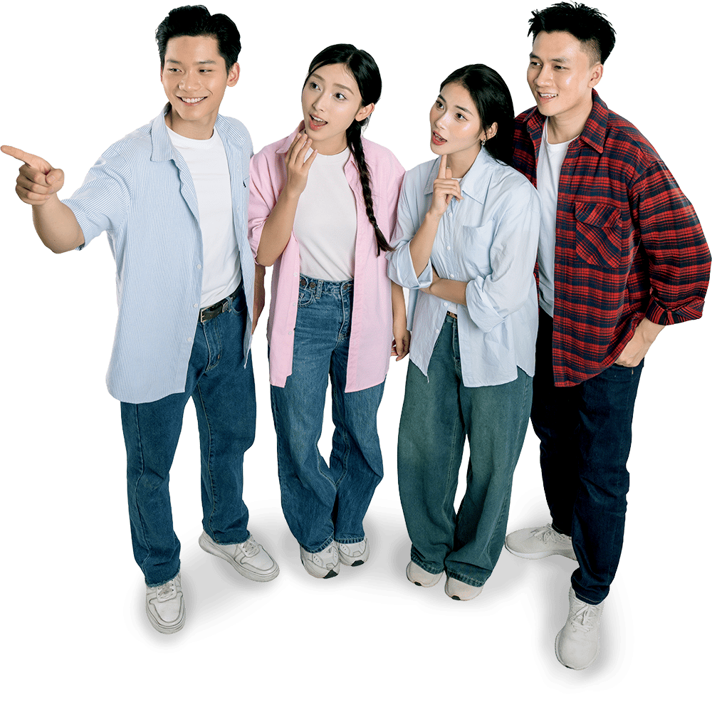 Four young Asian adults (two men, two women) standing, looking and pointing right, varied expressions.