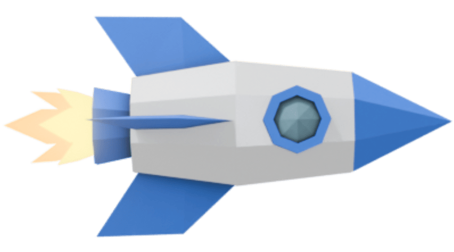 Low-poly blue and white rocket with an orange exhaust flame.