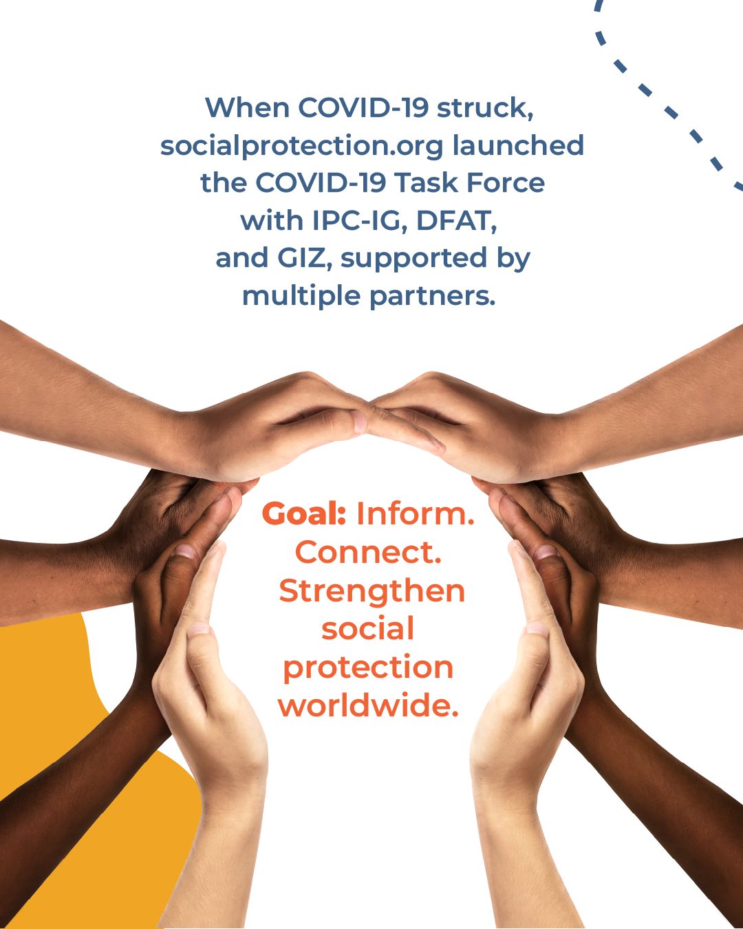 Multiracial hands form a circle around text: Social Protection COVID-19 Task Force goals.