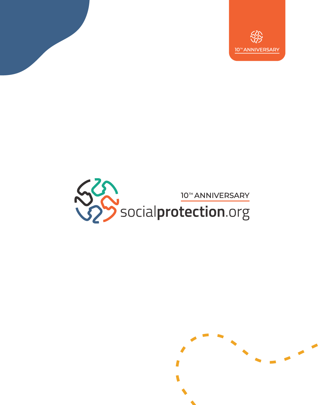 socialprotection.org 10th Anniversary logo, featuring colorful intertwined figures and decorative shapes.