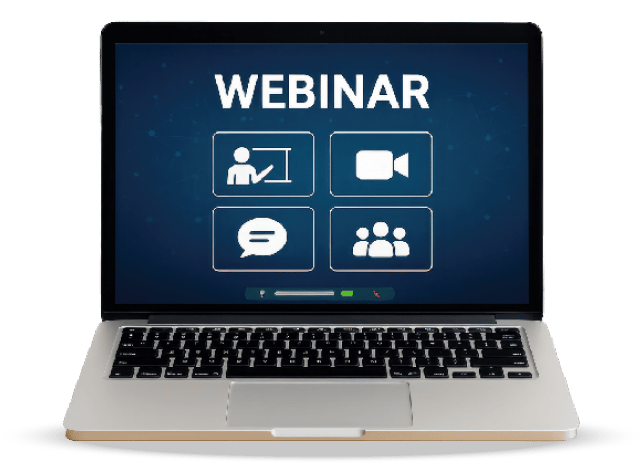 Laptop displaying "WEBINAR" with icons: presenter, video camera, chat bubble, and audience.