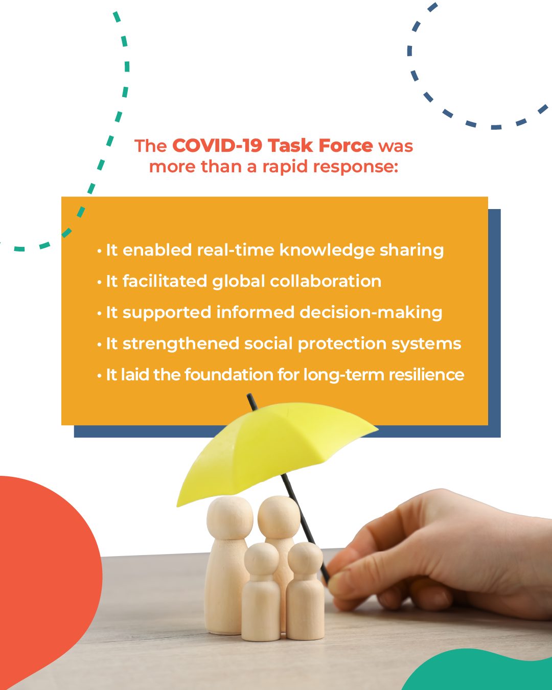 COVID-19 Task Force benefits listed above a family under an umbrella, symbolizing support and resilience.