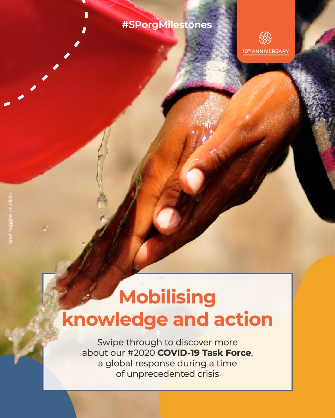 Person washing hands under water from a red container. Text: Mobilising knowledge and action, #2020 COVID-19 Task Force.