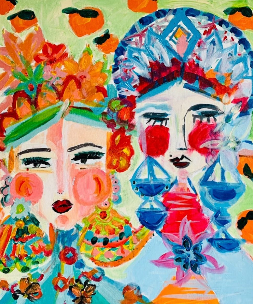Vibrant abstract painting of two women in colorful headdresses.