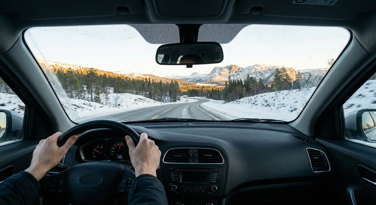 Hands on steering wheel, driving a car on a winding, snowy mountain road.
