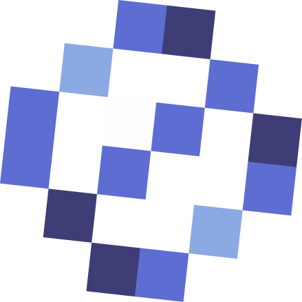 An abstract, pixelated design of blue and white squares on a green background.