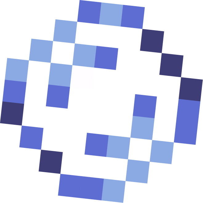 Pixel art icon of a round object with a white center and shades of blue and purple, resembling a compass or clock.