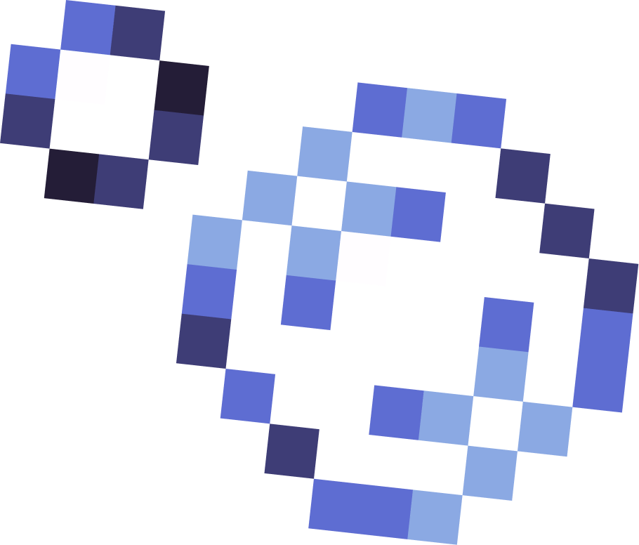 Two stylized pixel art rings in shades of blue, one small and dark, one large and light, on a dark green background.