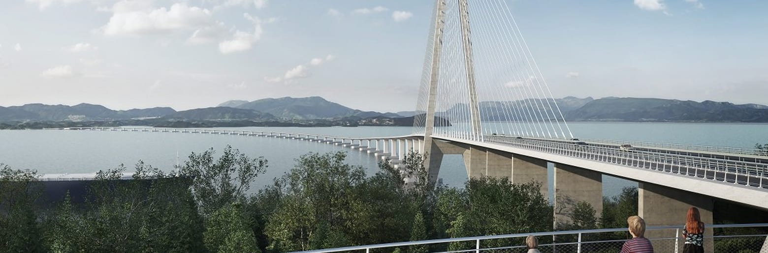 Body of water, Girder bridge, Sky, Cloud, Tree