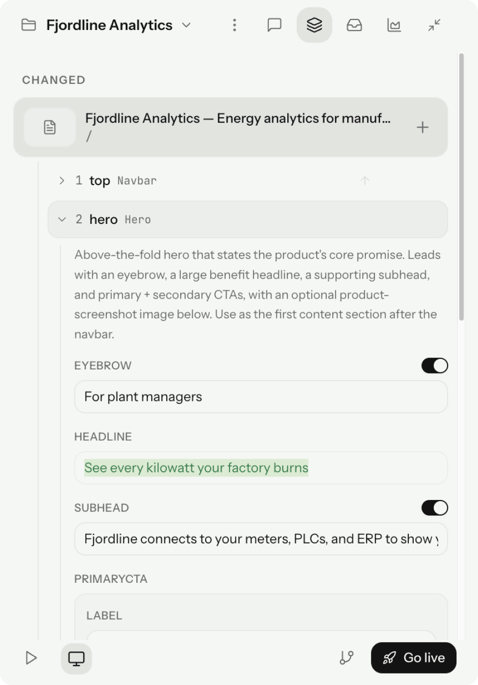 Interface showing Fjordline Analytics hero section settings with content for eyebrow, headline, and subhead.