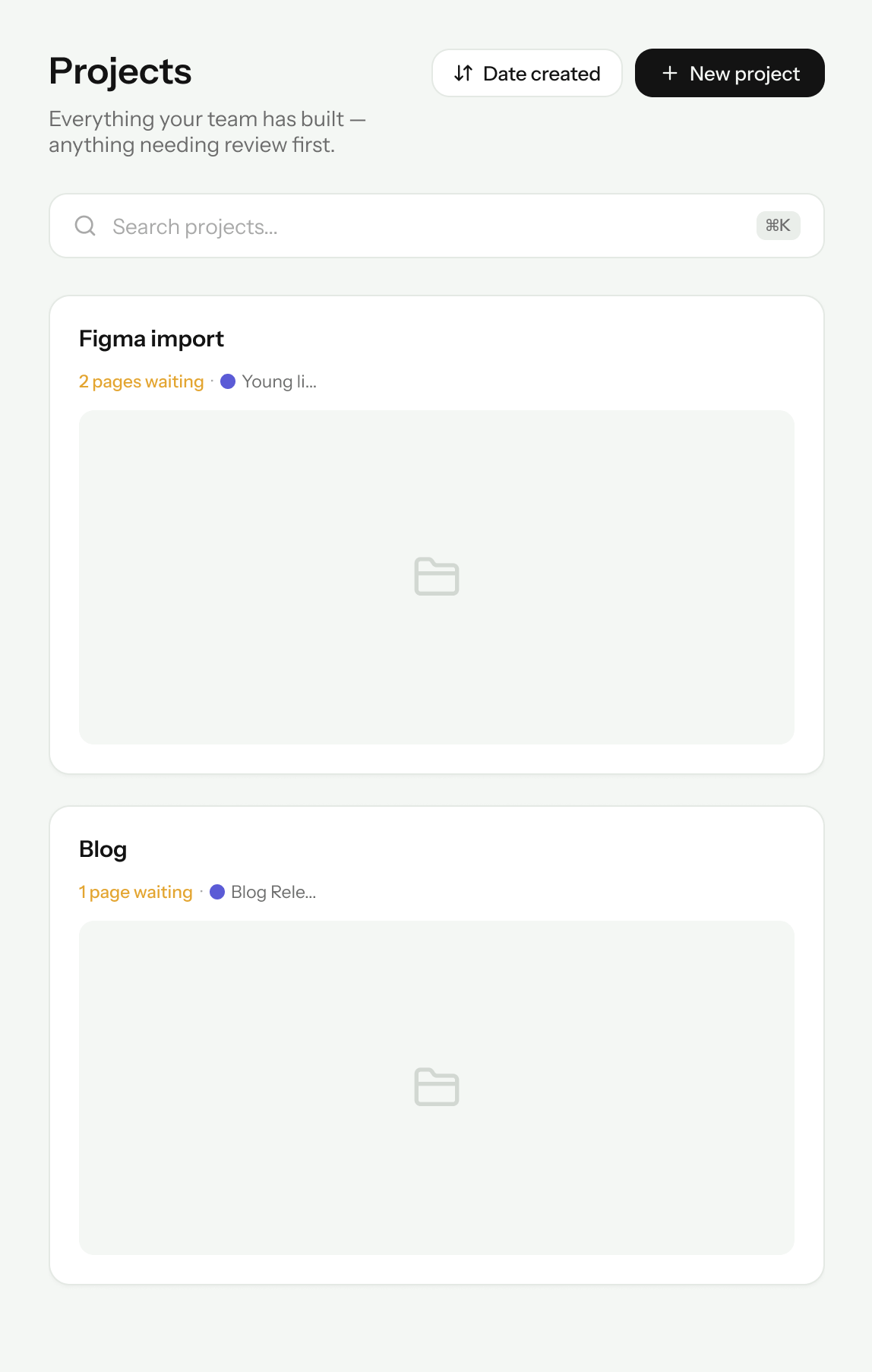 Projects management interface showing a list of projects, a search bar, and creation/sorting options.
