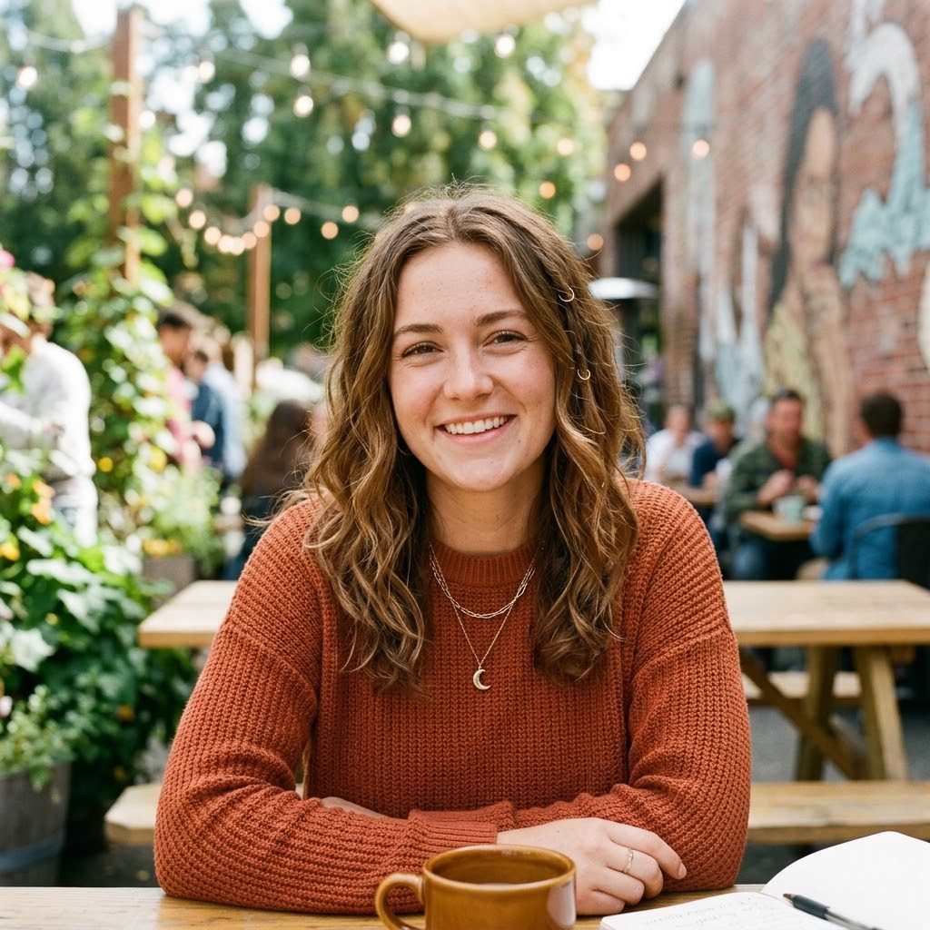 Smiling woman with curly hair at an outdoor cafe, with coffee and a notebook on the table.