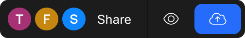 Profile icons (T, F, S), "Share" text, eye icon, and cloud upload button.