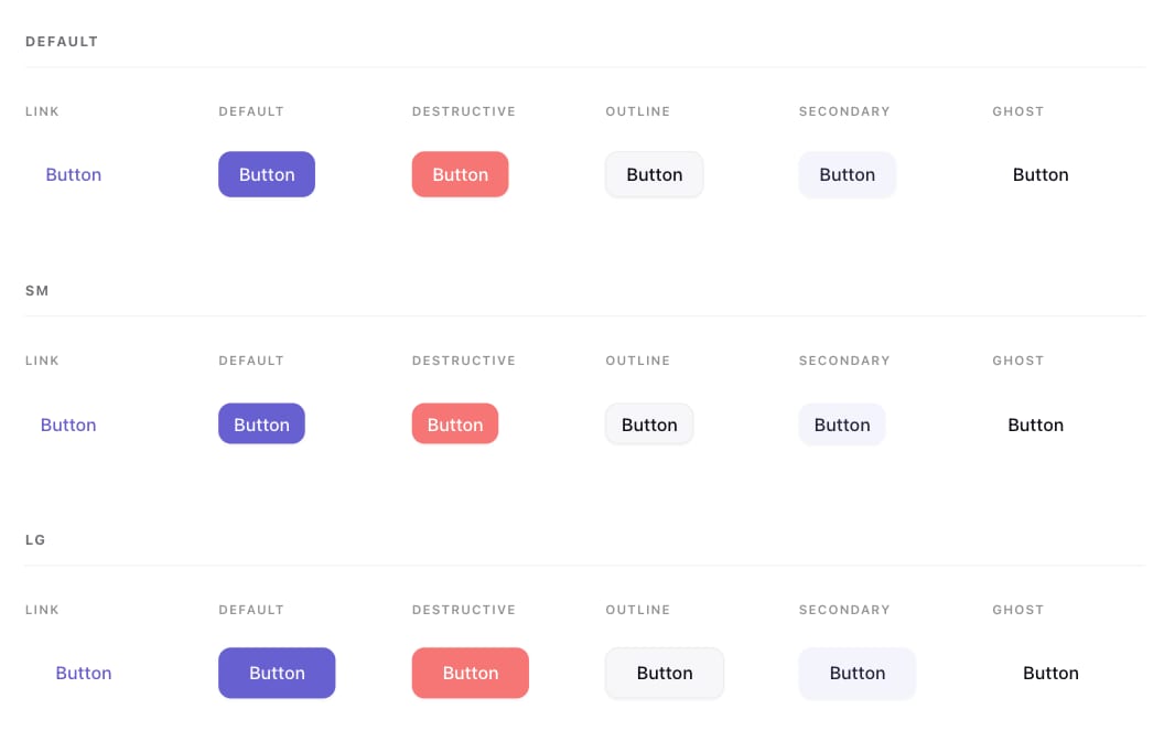 Three rows of buttons showing different styles (link, default, destructive, outline, secondary, ghost) and sizes.