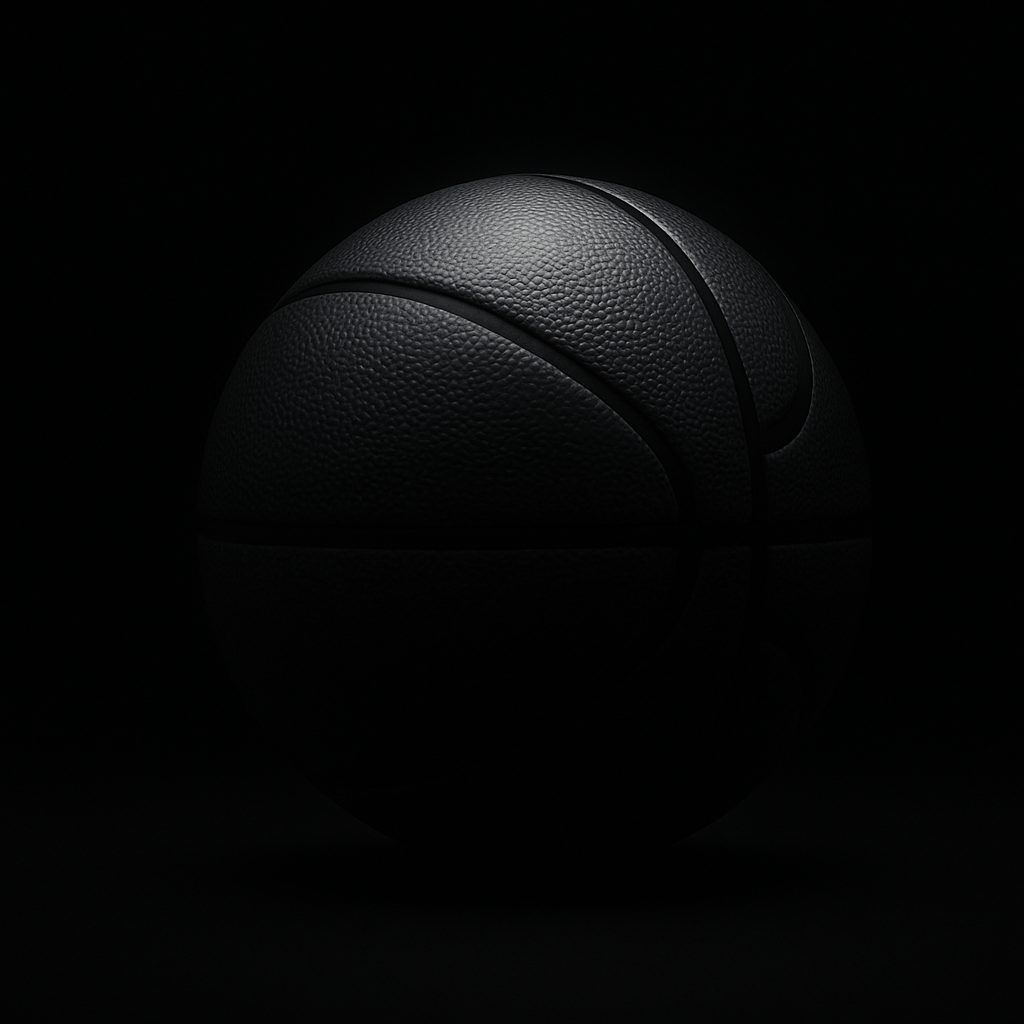 Textured black basketball, dramatically lit on a dark reflective surface.