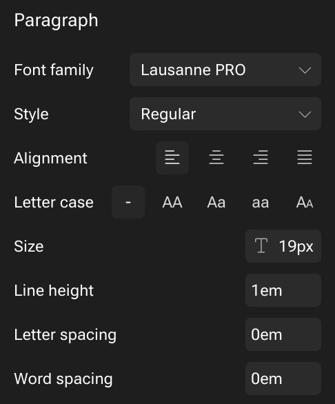 Paragraph styling UI with font (Lausanne PRO), alignment, letter case, size (19px), and spacing options.