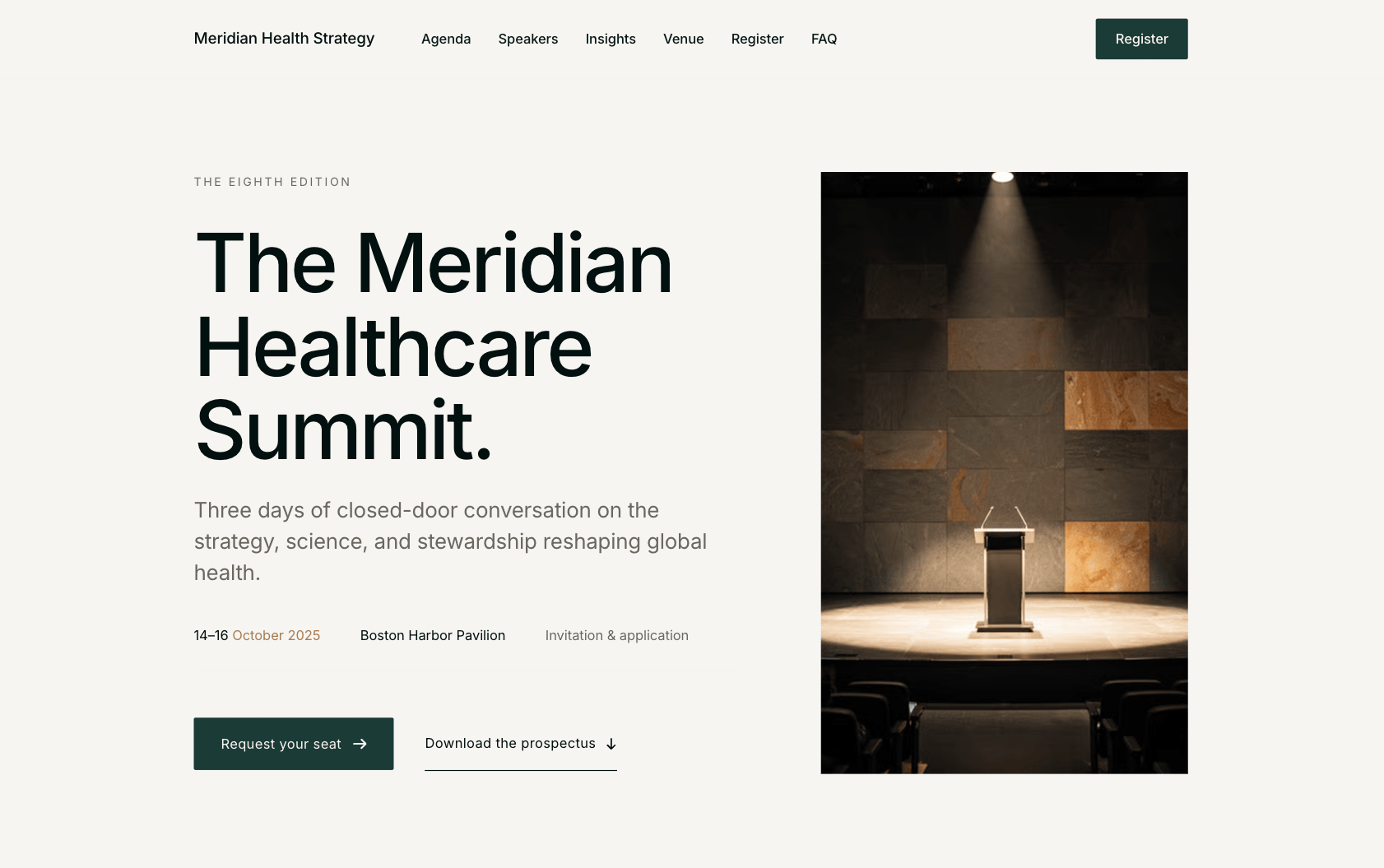 Website for the Meridian Healthcare Summit, showing event details and a stage with a podium and spotlight.