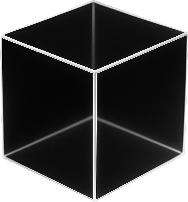 A black cube with prominent white edges on a dark green background, seen from an upper angle.