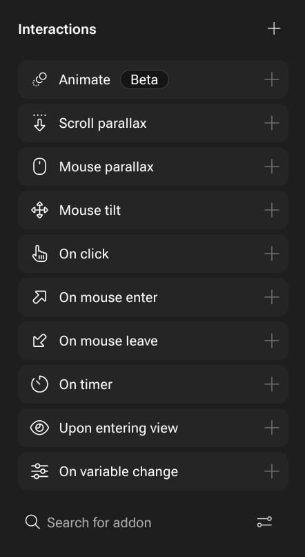 Dark UI showing a list of "Interactions" options like Animate, Scroll parallax, On click, On timer, and a search bar.