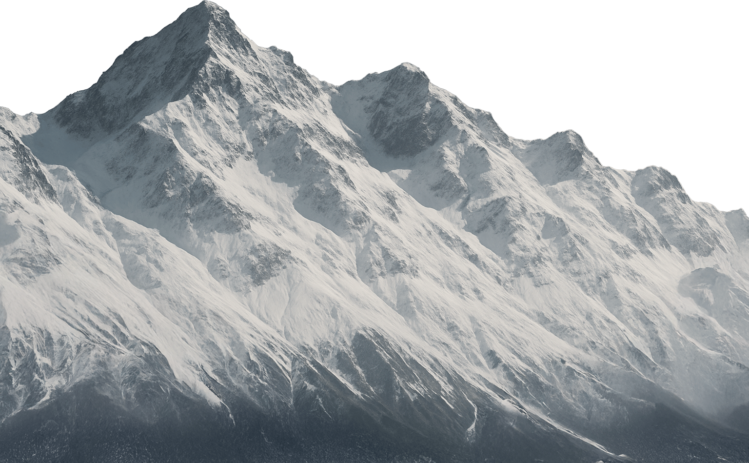 Rugged snow-covered mountain range against a green background.