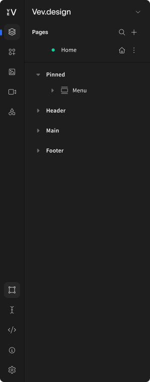 Dark mode UI of Vev.design with left sidebar and nested page navigation: Home, Pinned > Menu.