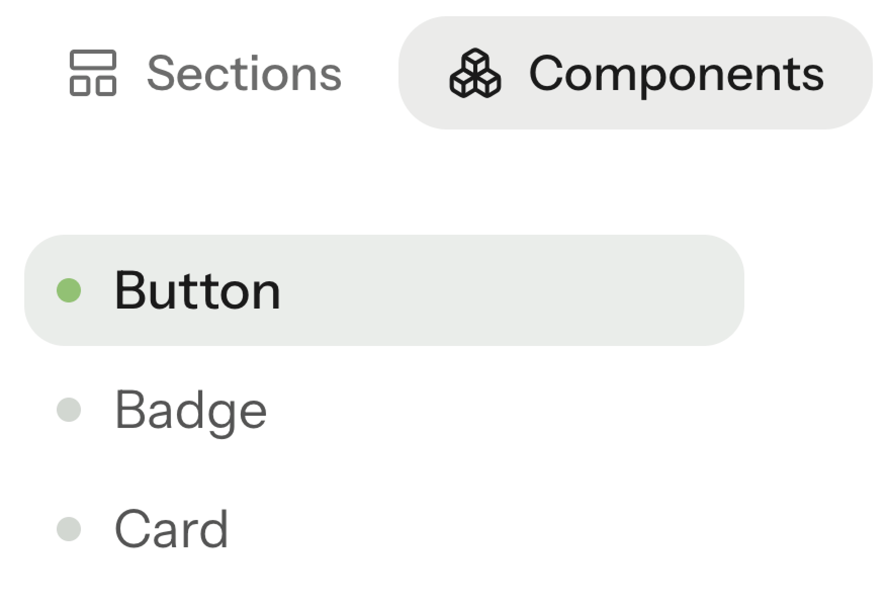 A user interface displaying 'Sections' and 'Components' tabs, with 'Components' selected. Below, 'Button' is highlighted in a list including 'Badge' and 'Card'.