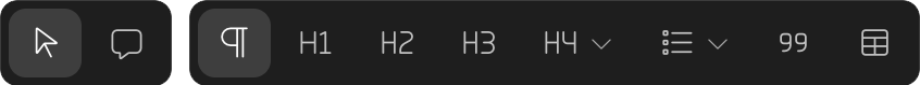 Editing toolbar: cursor, comment, paragraph, H1-H4, list, 99, and table icons.