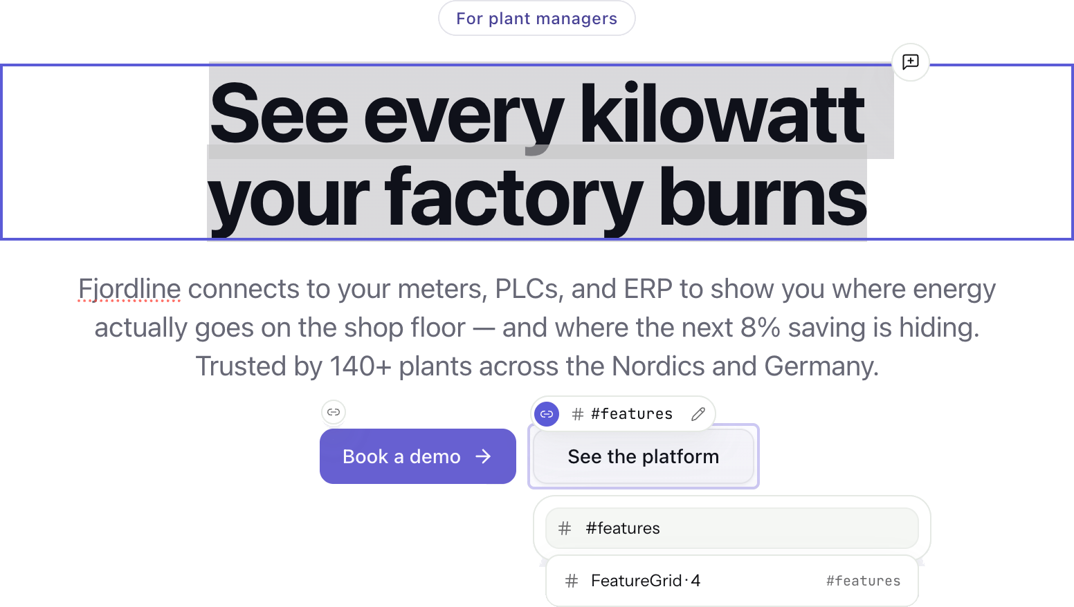 A webpage showing Fjordline's energy management solution for factories, with main text and action buttons.
