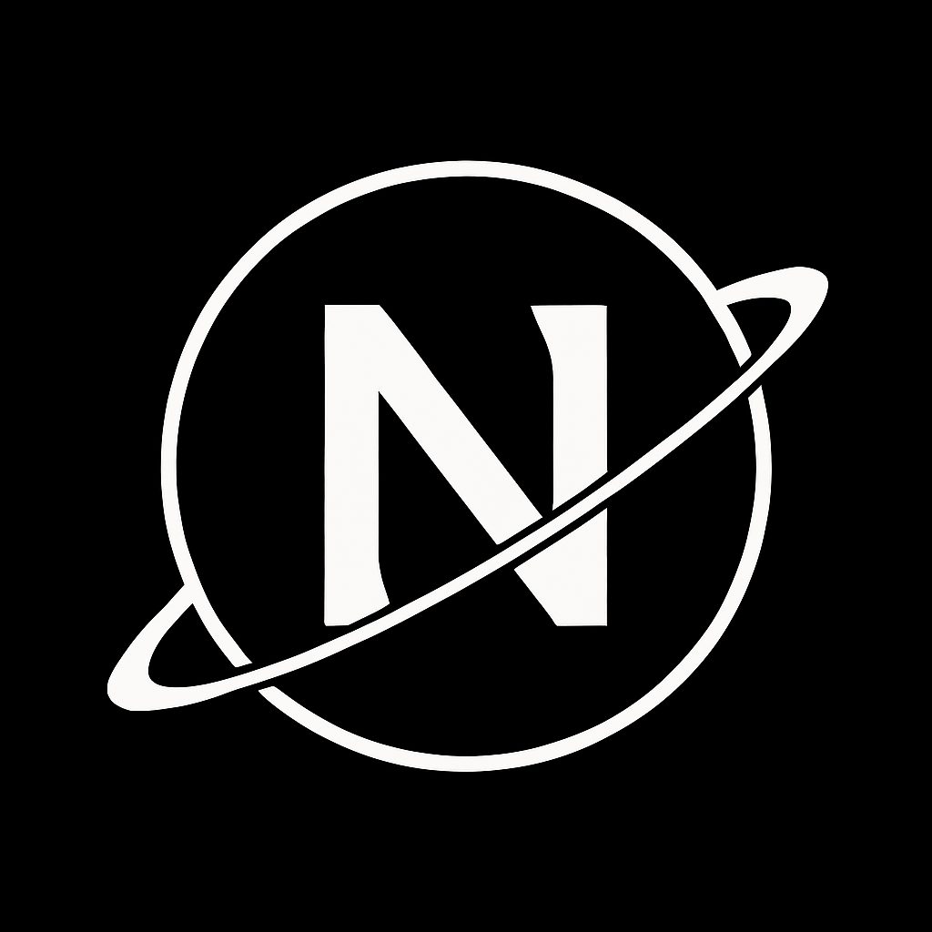 White letter N in a circle with an orbit, on black.