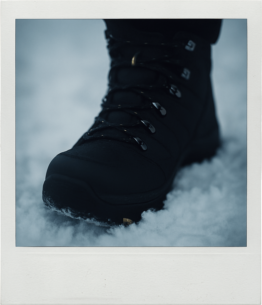 Black winter boot in snow.
