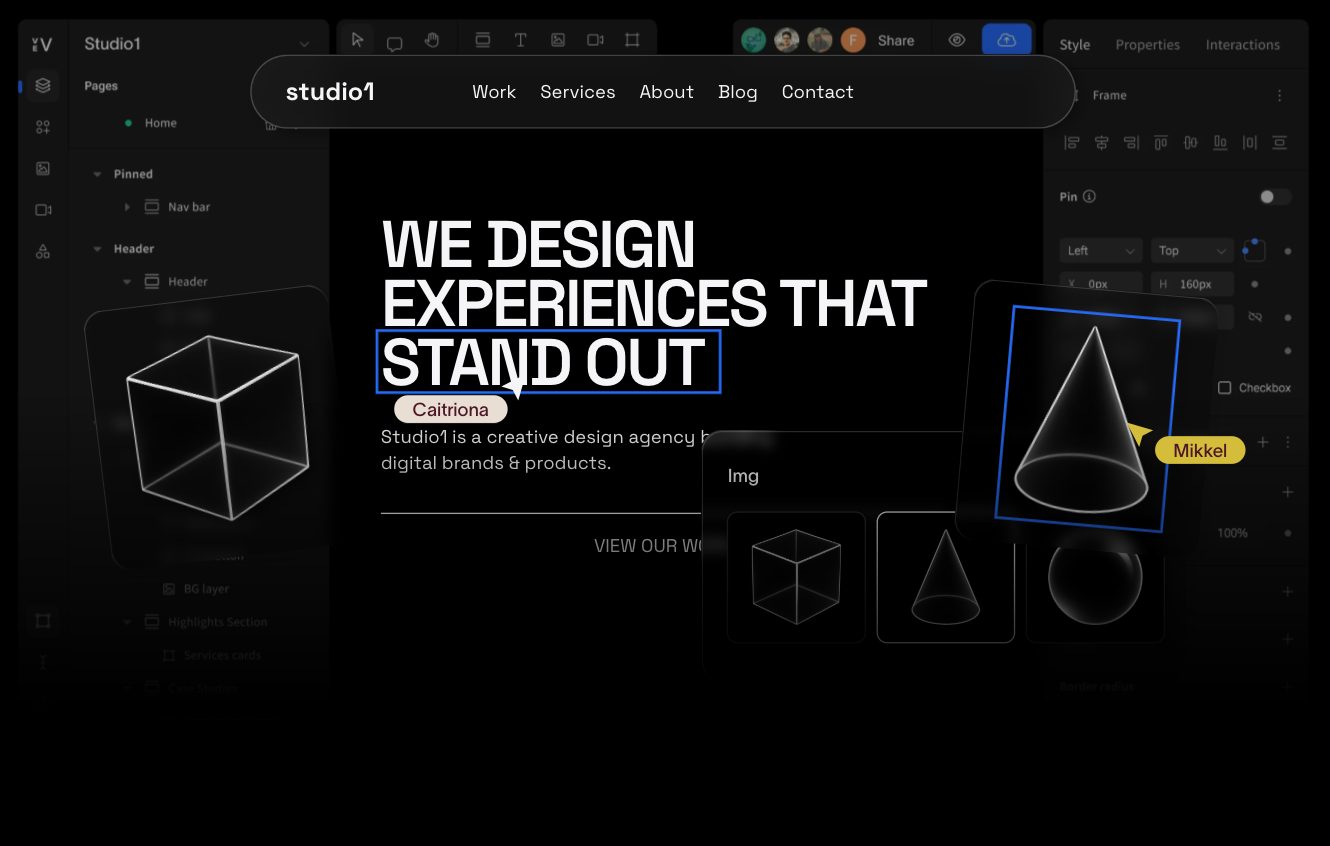 Dark-themed UI design software displaying a header with "WE DESIGN EXPERIENCES THAT STAND OUT."