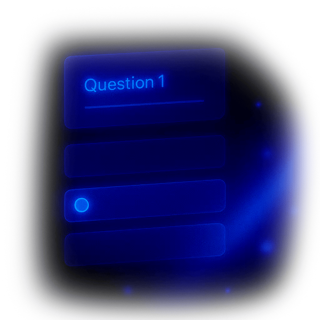 Glowing blue digital interface: "Question 1" and multiple options, one selected.